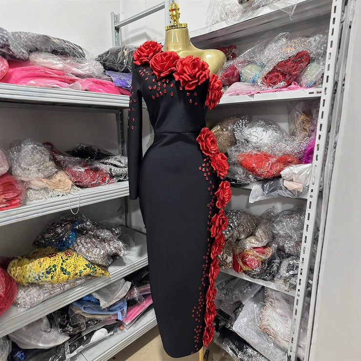 Style One-Shoulder Long Sleeve Sexy Bandage Dress Red Floral