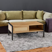 40.16" Rattan Coffee table, sliding door for storage, metal legs,