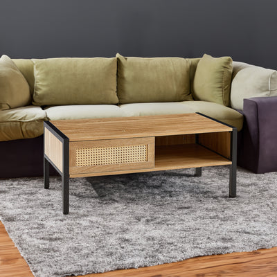 40.16" Rattan Coffee table, sliding door for storage, metal legs,