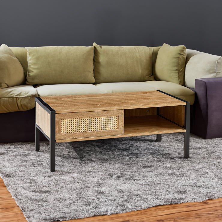 40.16" Rattan Coffee table, sliding door for storage, metal legs,