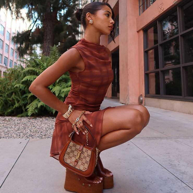 Women's Mid-Waist Pleated Short Skirt Plaid Print Dress