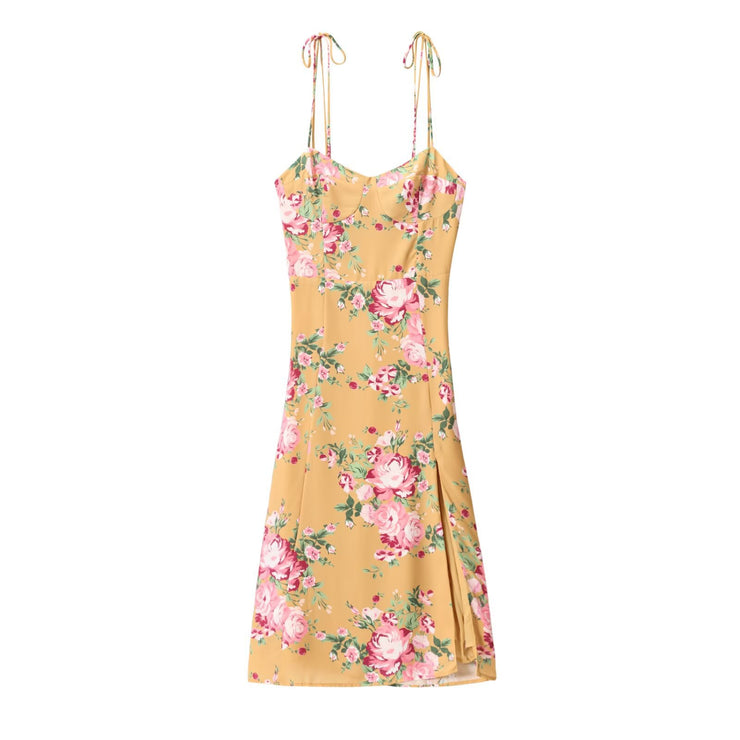 Printed sexy side slit casual strap dress with suspender strap