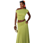 Skirt Set Pleated Oblique Collar Two-Piece Single Shoulder Solid Color Women's Fashion