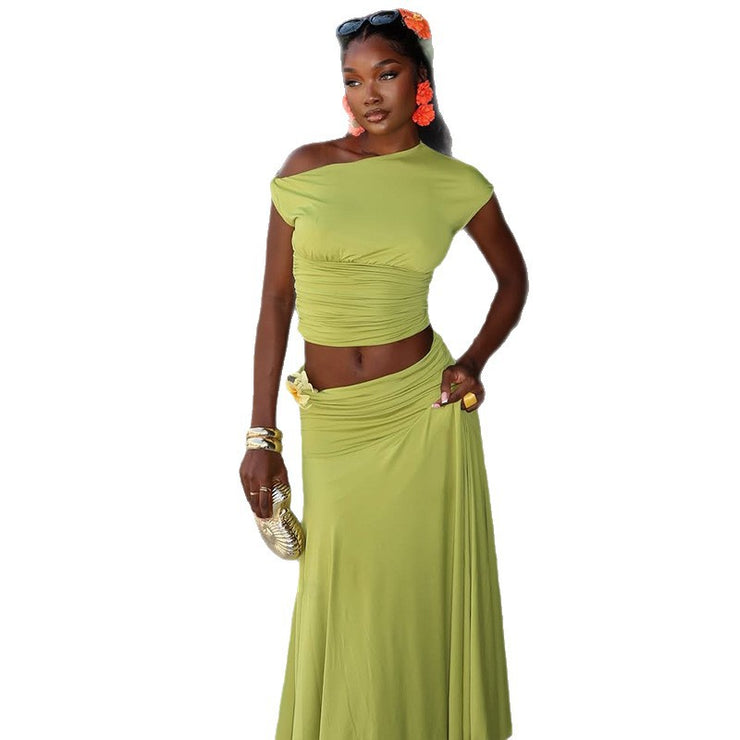 Skirt Set Pleated Oblique Collar Two-Piece Single Shoulder Solid Color Women's Fashion