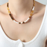 Versatile Light Luxury Titanium Steel Freshwater Pearl Tiger Eye Stone