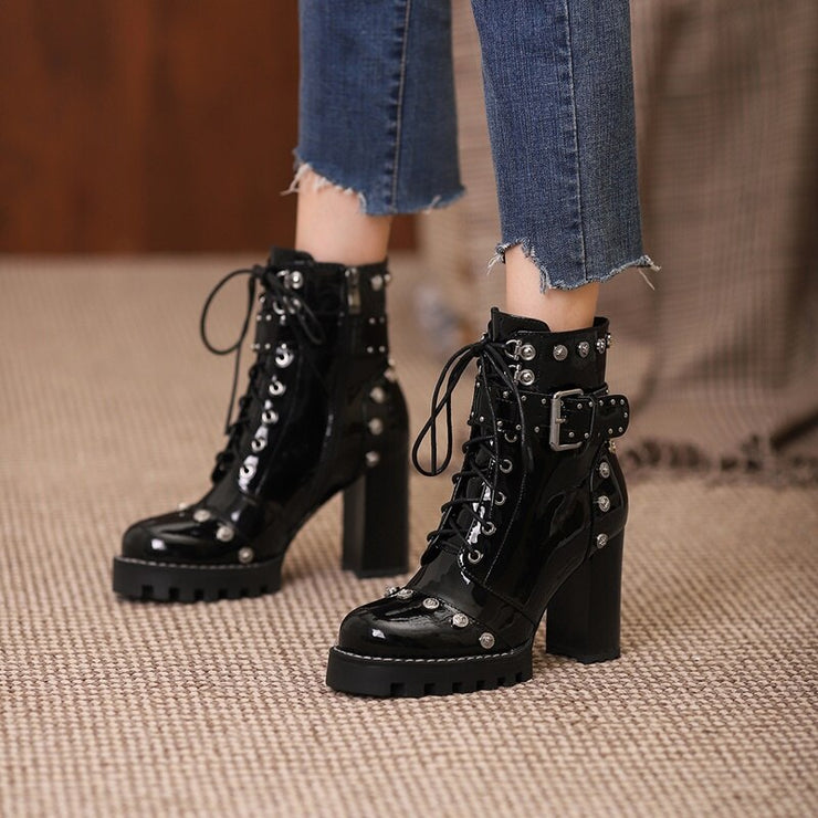 Genuine Leather Spring and Autumn Women's Shoes Round Head Thick Heel High Heel Frosted Lace up High Heel Large Shoes
