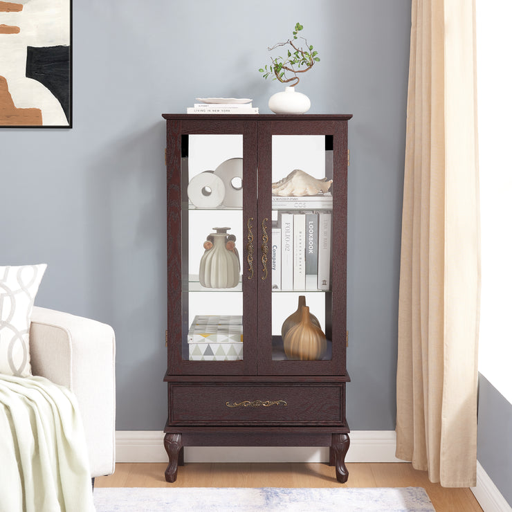 Curio cabinet lighting glass cabinet with adjustable glass frame, 2 doors and 1 drawer