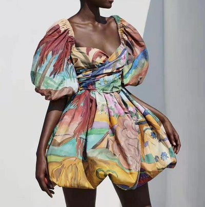 Hit Color Print Dress For Women V Neck Puff Short Sleeve High Waist Casual Mini Ball Gown Female