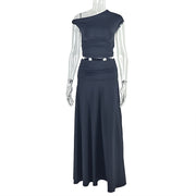 Skirt Set Pleated Oblique Collar Two-Piece Single Shoulder Solid Color Women's Fashion