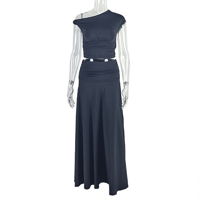 Skirt Set Pleated Oblique Collar Two-Piece Single Shoulder Solid Color Women's Fashion