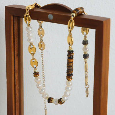 Versatile Light Luxury Titanium Steel Freshwater Pearl Tiger Eye Stone