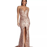 Geometric Sequined Strapless Evening Gown