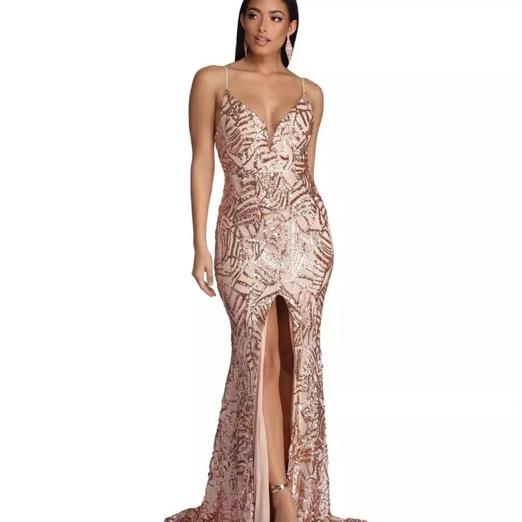 Geometric Sequined Strapless Evening Gown