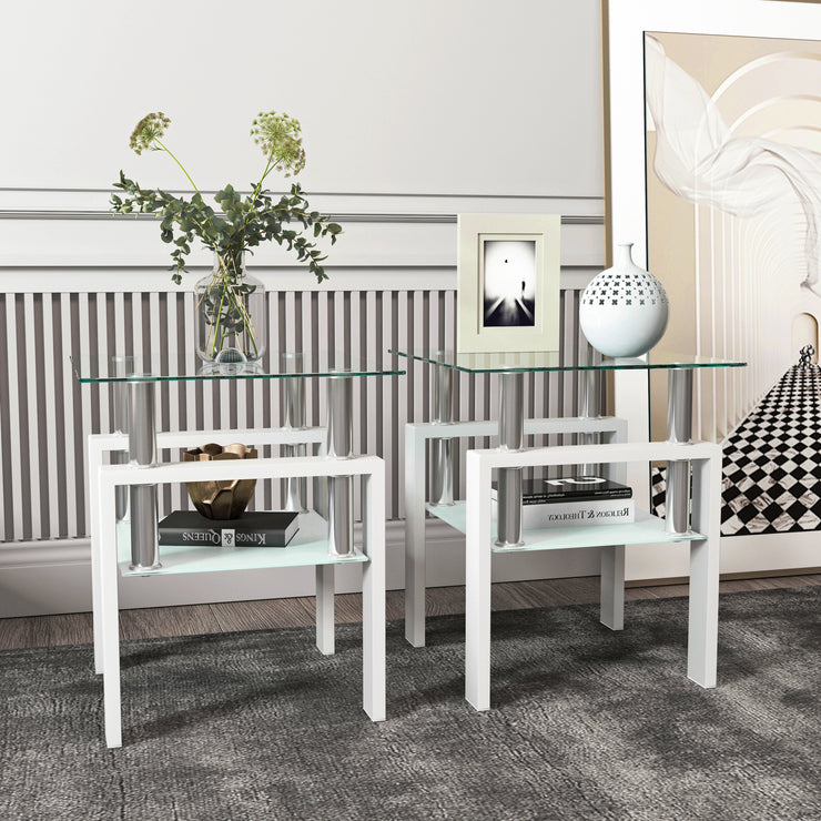 Set of 2, Modern Tempered Glass Tea Table Coffee Table End Table, Square