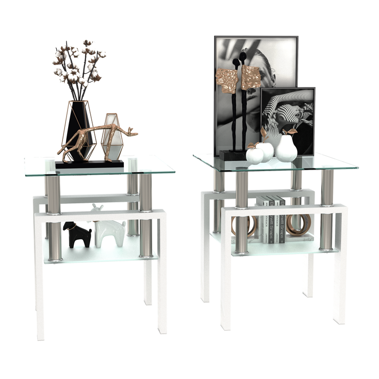 Set of 2, Modern Tempered Glass Tea Table Coffee Table End Table, Square