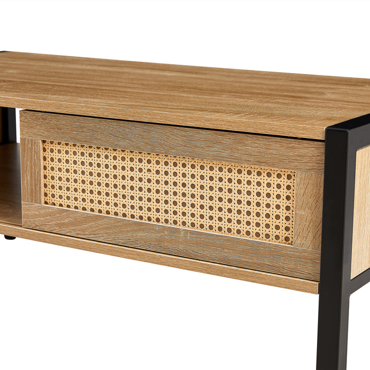 40.16" Rattan Coffee table, sliding door for storage, metal legs,