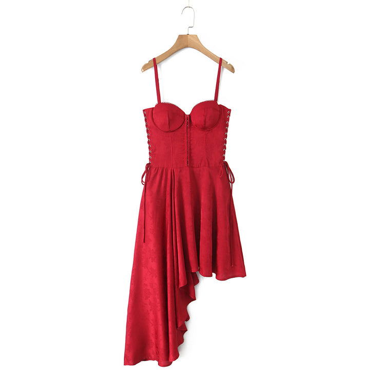 Sexy strap fishbone asymmetrical skirt suspender dress