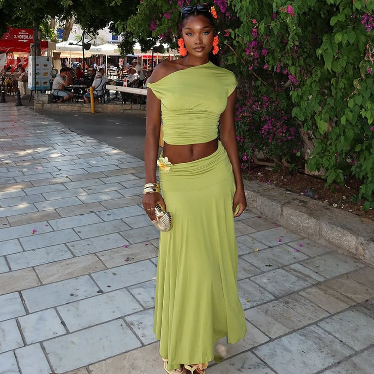 Skirt Set Pleated Oblique Collar Two-Piece Single Shoulder Solid Color Women's Fashion
