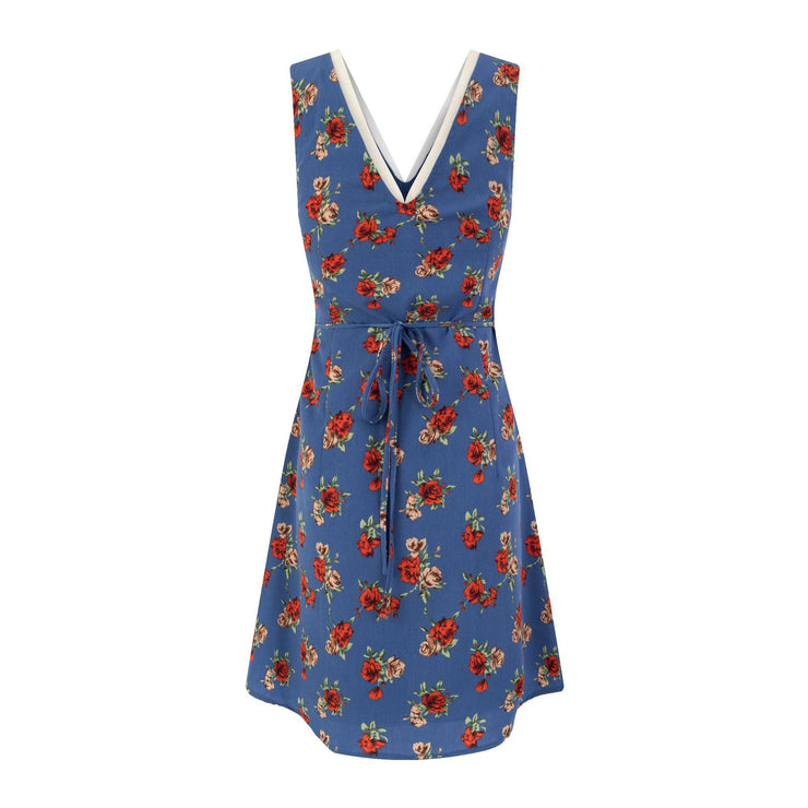 Floral V-Neck Belted Waist Slimming Dress