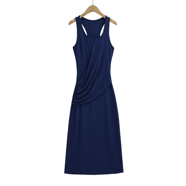 Wrinkled waist to show figure, U-neck sleeveless vest dress, dress
