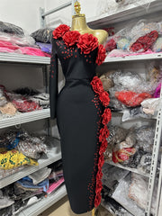 Style One-Shoulder Long Sleeve Sexy Bandage Dress Red Floral
