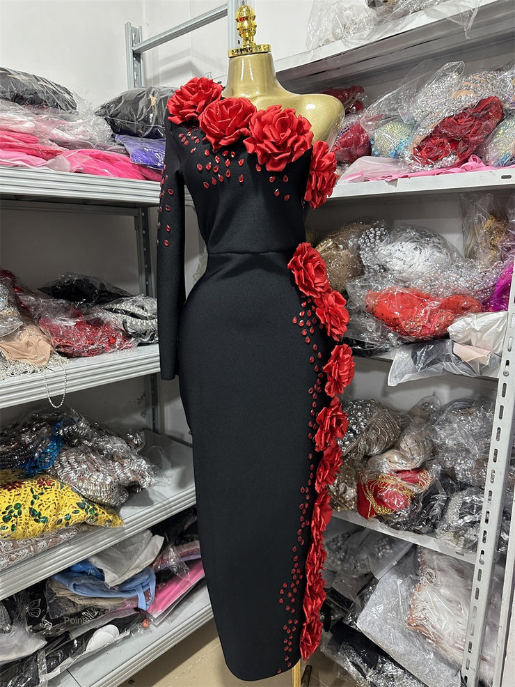 Style One-Shoulder Long Sleeve Sexy Bandage Dress Red Floral