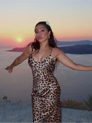 Silk Satin Leopard Printed Suspender Dresses Sexy Slim-Fit Evening Gown