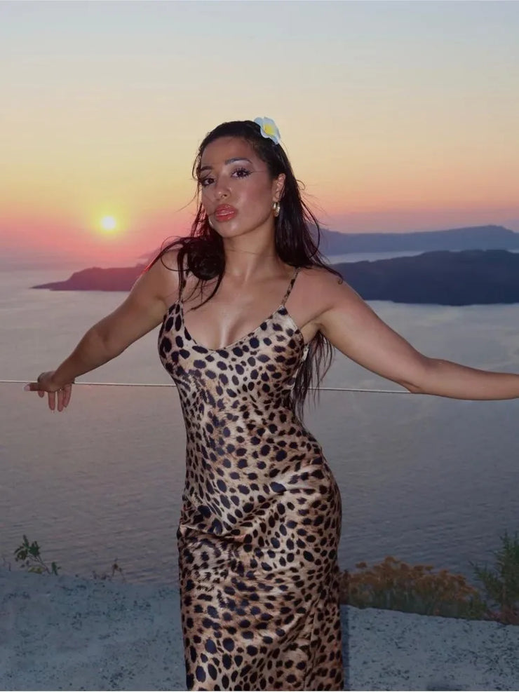 Silk Satin Leopard Printed Suspender Dresses Sexy Slim-Fit Evening Gown