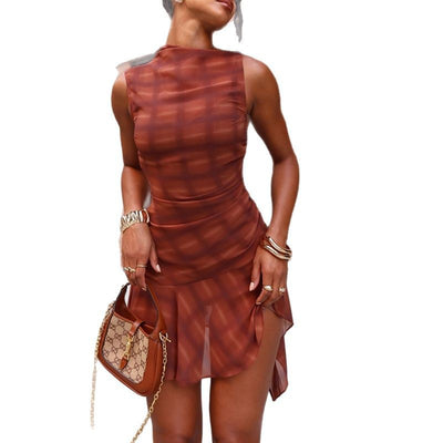 Women's Mid-Waist Pleated Short Skirt Plaid Print Dress