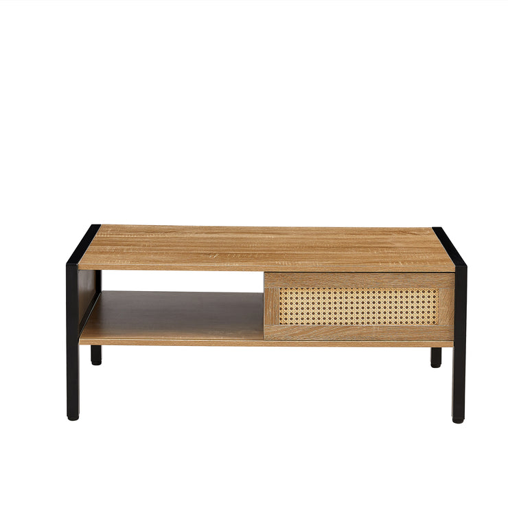 40.16" Rattan Coffee table, sliding door for storage, metal legs,