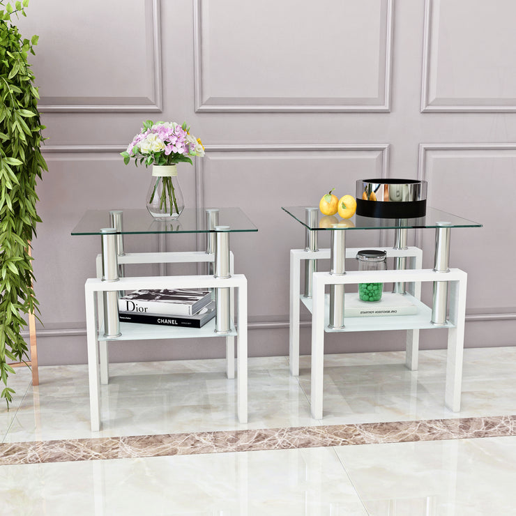 Set of 2, Modern Tempered Glass Tea Table Coffee Table End Table, Square