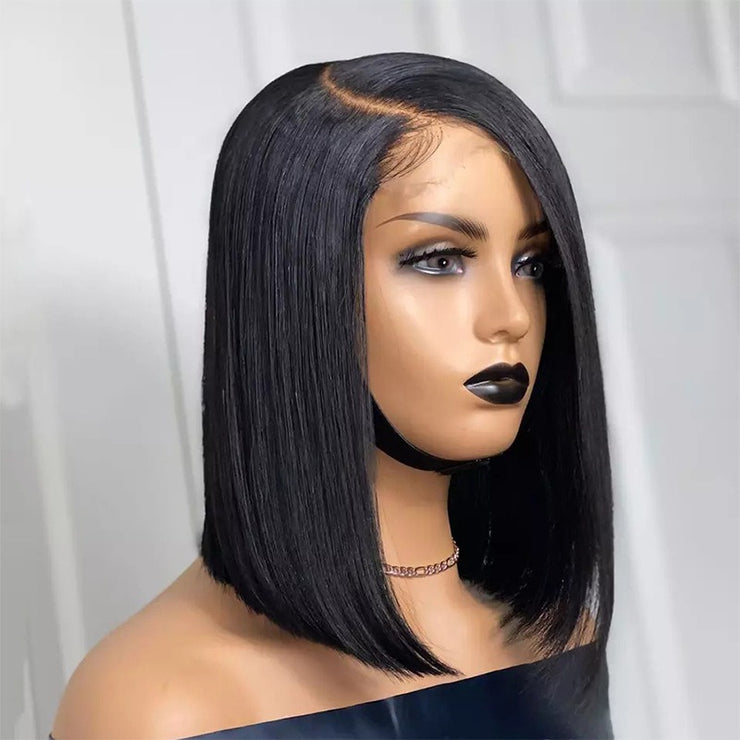 Female oriented front lace wig black short straight hair