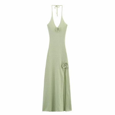 Women's V-neck Backless Long Dress Sexy High Slit Knitted Strapless Dress