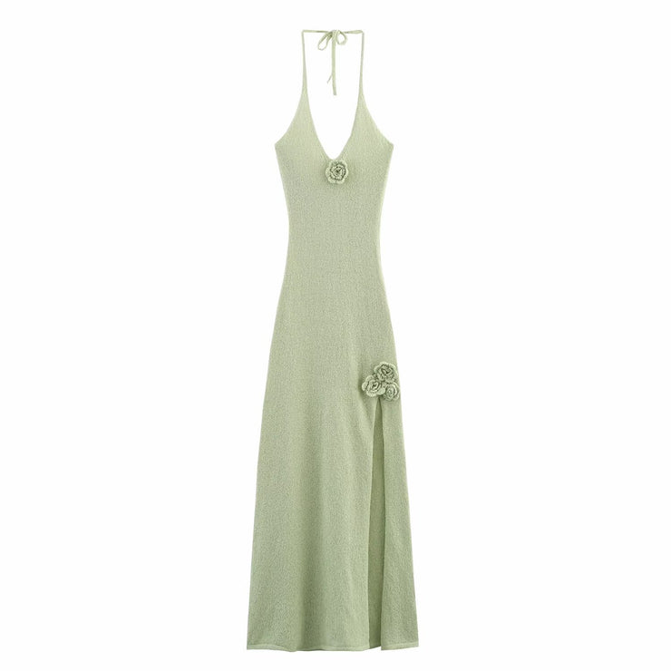 Women's V-neck Backless Long Dress Sexy High Slit Knitted Strapless Dress
