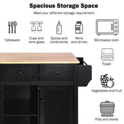 Kitchen trolley with rubber wood leaf countertop, 5-wheel kitchen island, storage cabinet and 3 dining drawers, black
