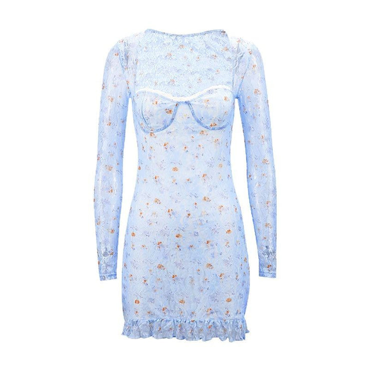 Lace Mesh See-Through Square Neck Sexy Bodycon Dress