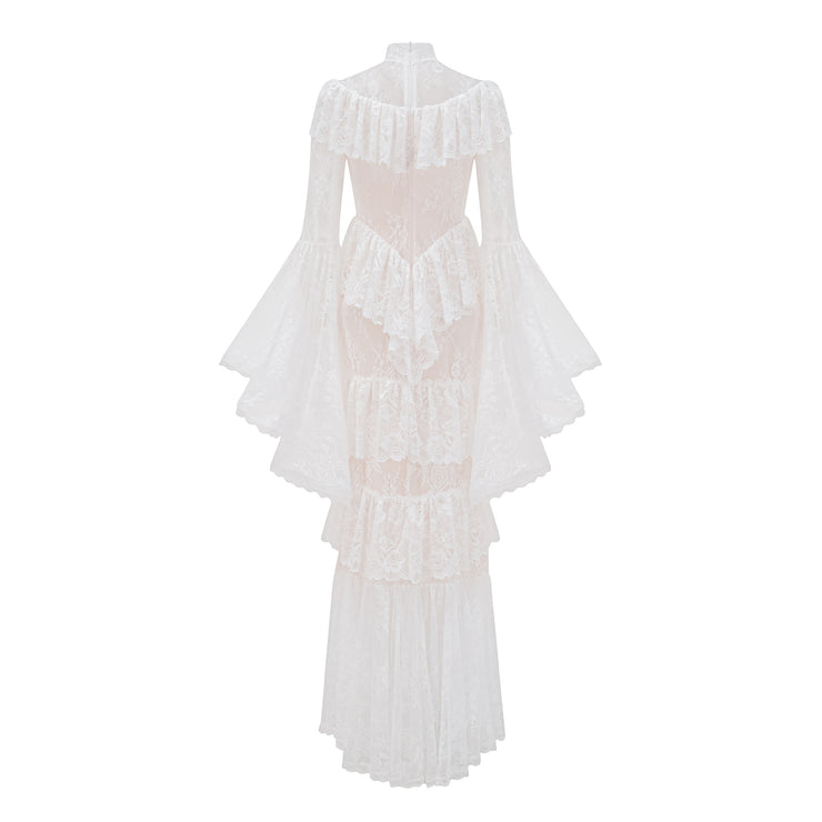 Elegant Lace Embroidery Splicing Flare Sleeve Long Dress