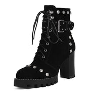 Genuine Leather Spring and Autumn Women's Shoes Round Head Thick Heel High Heel Frosted Lace up High Heel Large Shoes