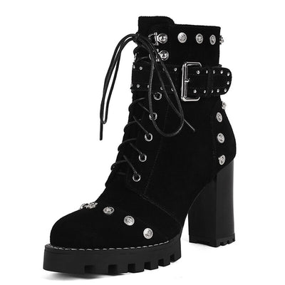 Genuine Leather Spring and Autumn Women's Shoes Round Head Thick Heel High Heel Frosted Lace up High Heel Large Shoes