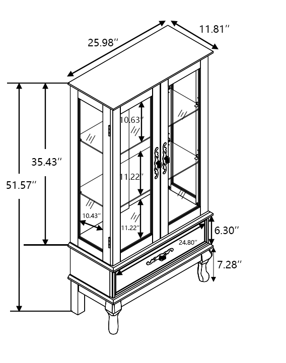 Curio cabinet lighting glass cabinet with adjustable glass frame, 2 doors and 1 drawer