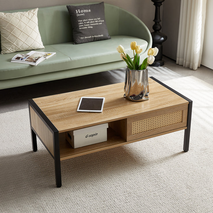 40.16" Rattan Coffee table, sliding door for storage, metal legs,