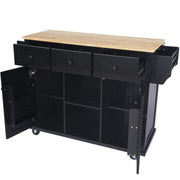 Kitchen trolley with rubber wood leaf countertop, 5-wheel kitchen island, storage cabinet and 3 dining drawers, black