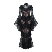 Elegant Lace Embroidery Splicing Flare Sleeve Long Dress