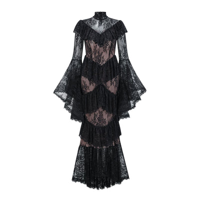 Elegant Lace Embroidery Splicing Flare Sleeve Long Dress