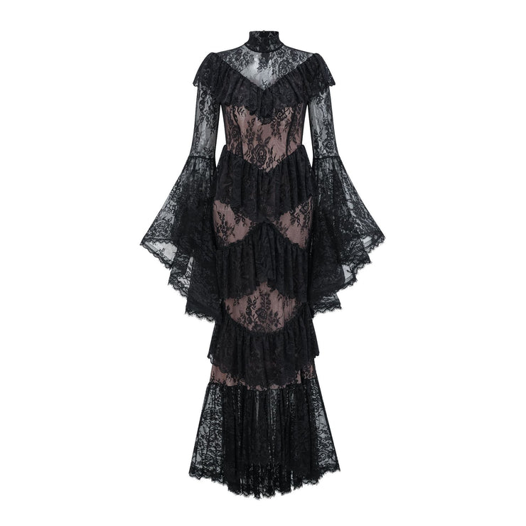 Elegant Lace Embroidery Splicing Flare Sleeve Long Dress