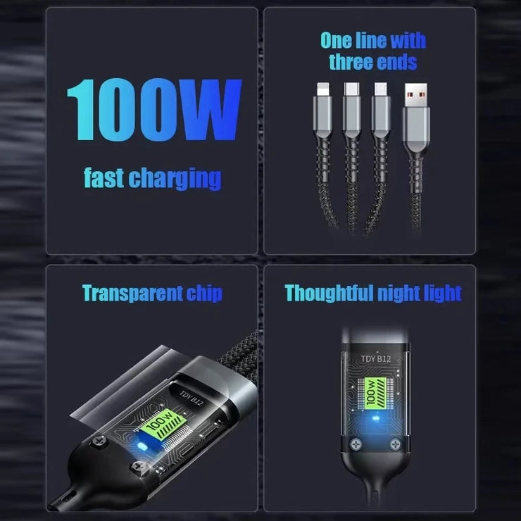 3 In 1 Usb 100w Cable For Fast Charging And Data Mini Usb