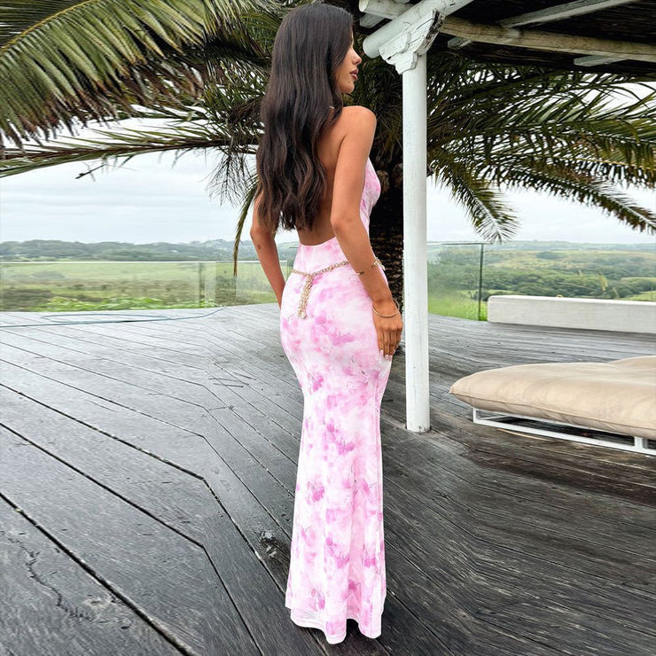Elegant Mesh Printed Halter Fitted Dress with Waist Gathering